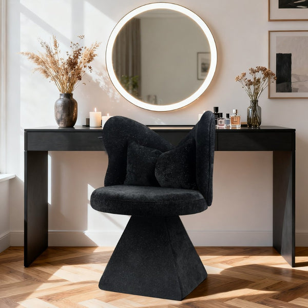 English Elm Vanity Swivel Accent Chair Butterfly Back Chenille Velvet Upholstered for Bedroom or Dining Black W2500P366866