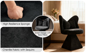 English Elm Vanity Swivel Accent Chair Butterfly Back Chenille Velvet Upholstered for Bedroom or Dining Black W2500P366866