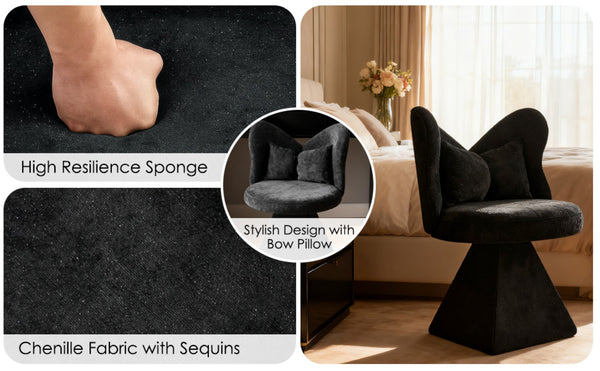 English Elm Vanity Swivel Accent Chair Butterfly Back Chenille Velvet Upholstered for Bedroom or Dining Black W2500P366866