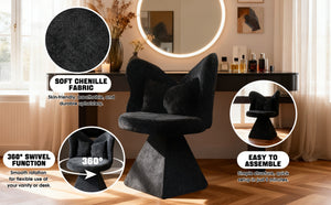 English Elm Vanity Swivel Accent Chair Butterfly Back Chenille Velvet Upholstered for Bedroom or Dining Black W2500P366866