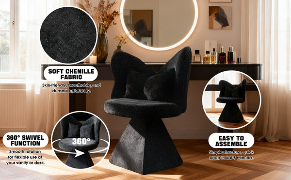 English Elm Vanity Swivel Accent Chair Butterfly Back Chenille Velvet Upholstered for Bedroom or Dining Black W2500P366866