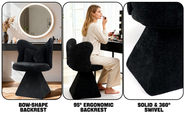 English Elm Vanity Swivel Accent Chair Butterfly Back Chenille Velvet Upholstered for Bedroom or Dining Black W2500P366866