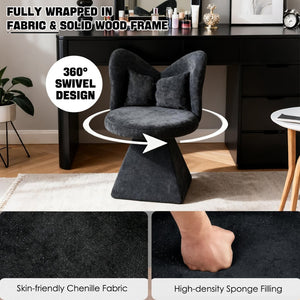 English Elm Vanity Swivel Accent Chair Butterfly Back Chenille Velvet Upholstered for Bedroom or Dining Black W2500P366866