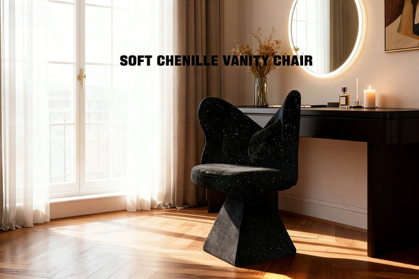 English Elm Vanity Swivel Accent Chair Butterfly Back Chenille Velvet Upholstered for Bedroom or Dining Black W2500P366866