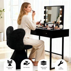 English Elm Vanity Swivel Accent Chair Butterfly Back Chenille Velvet Upholstered for Bedroom or Dining Black W2500P366866