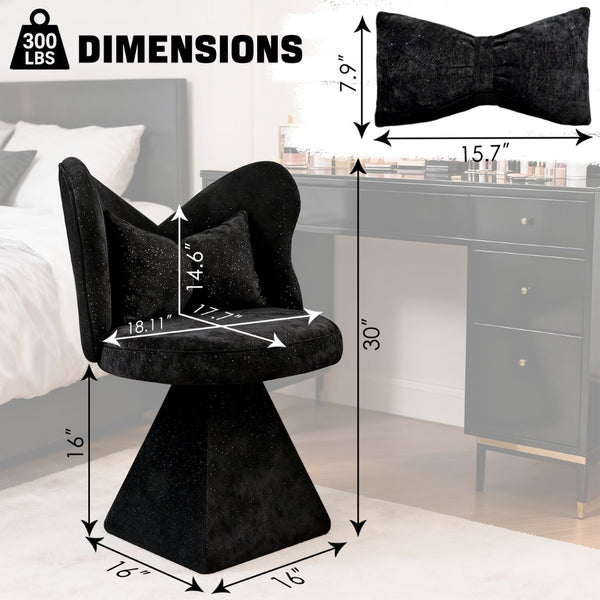 English Elm Vanity Swivel Accent Chair Butterfly Back Chenille Velvet Upholstered for Bedroom or Dining Black W2500P366866