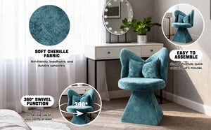 English Elm Vanity Swivel Accent Chair Butterfly Back Chenille Velvet Upholstered for Bedroom or Dining Blue W2500P366917