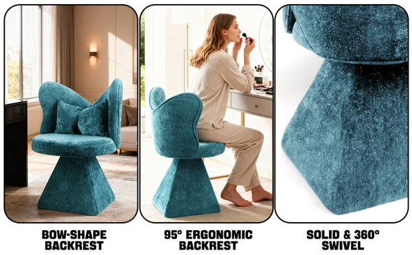 English Elm Vanity Swivel Accent Chair Butterfly Back Chenille Velvet Upholstered for Bedroom or Dining Blue W2500P366917