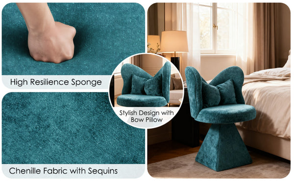 English Elm Vanity Swivel Accent Chair Butterfly Back Chenille Velvet Upholstered for Bedroom or Dining Blue W2500P366917