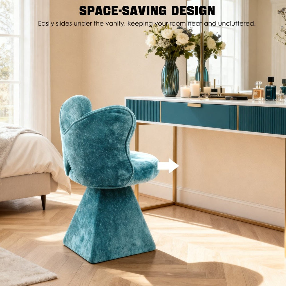 English Elm Vanity Swivel Accent Chair Butterfly Back Chenille Velvet Upholstered for Bedroom or Dining Blue W2500P366917