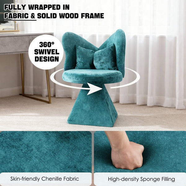 English Elm Vanity Swivel Accent Chair Butterfly Back Chenille Velvet Upholstered for Bedroom or Dining Blue W2500P366917