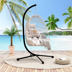 English Elm Foldable Outdoor Wicker Egg Chair with Stand Cushion and Weather Resistant Hdpe Frame W2500P369689