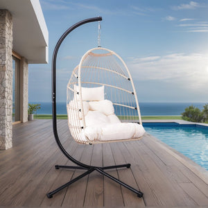 English Elm Foldable Outdoor Wicker Egg Chair with Stand Cushion and Weather Resistant Hdpe Frame W2500P369689