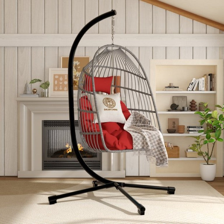 English Elm Foldable Outdoor Egg Chair with Stand HDPE Wicker Patio Swing Seat and Cushion W2500P369714