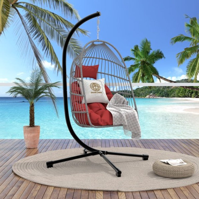 English Elm Foldable Outdoor Egg Chair with Stand HDPE Wicker Patio Swing Seat and Cushion W2500P369714