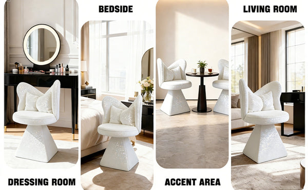 English Elm Vanity Swivel Accent Chair Butterfly Back Chenille Velvet Upholstered for Bedroom or Dining White W2500P377675