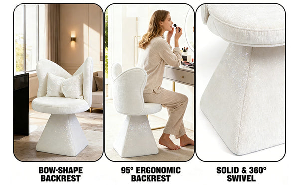English Elm Vanity Swivel Accent Chair Butterfly Back Chenille Velvet Upholstered for Bedroom or Dining White W2500P377675