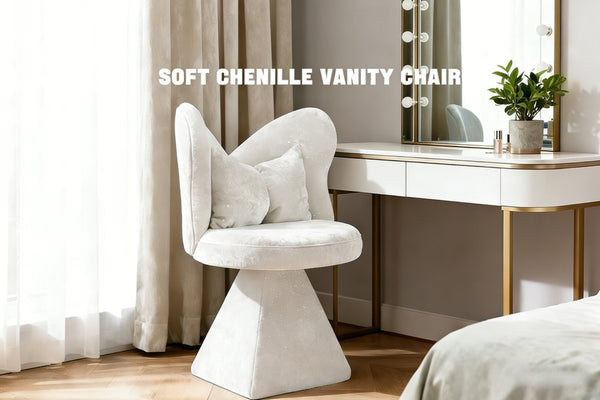 English Elm Vanity Swivel Accent Chair Butterfly Back Chenille Velvet Upholstered for Bedroom or Dining White W2500P377675