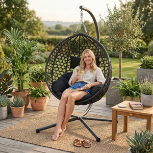 English Elm Folding Hdpe Rattan Egg Chair with Steel Stand Patio Backyard Balcony Lounge Seat Black W2500P479532