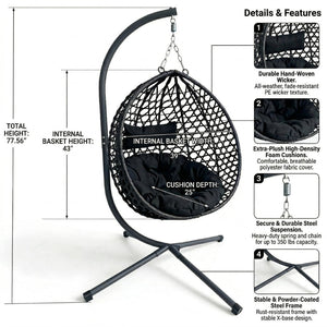 English Elm Folding Hdpe Rattan Egg Chair with Steel Stand Patio Backyard Balcony Lounge Seat Black W2500P479532