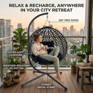 English Elm Folding Hdpe Rattan Egg Chair with Steel Stand Patio Backyard Balcony Lounge Seat Black W2500P479532