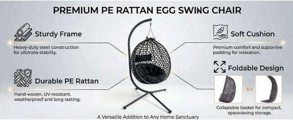 English Elm Folding Hdpe Rattan Egg Chair with Steel Stand Patio Backyard Balcony Lounge Seat Black W2500P479532