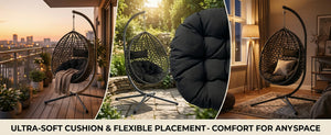 English Elm Folding Hdpe Rattan Egg Chair with Steel Stand Patio Backyard Balcony Lounge Seat Black W2500P479532