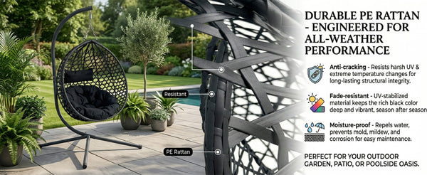English Elm Folding Hdpe Rattan Egg Chair with Steel Stand Patio Backyard Balcony Lounge Seat Black W2500P479532