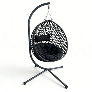 English Elm Folding Hdpe Rattan Egg Chair with Steel Stand Patio Backyard Balcony Lounge Seat Black W2500P479532