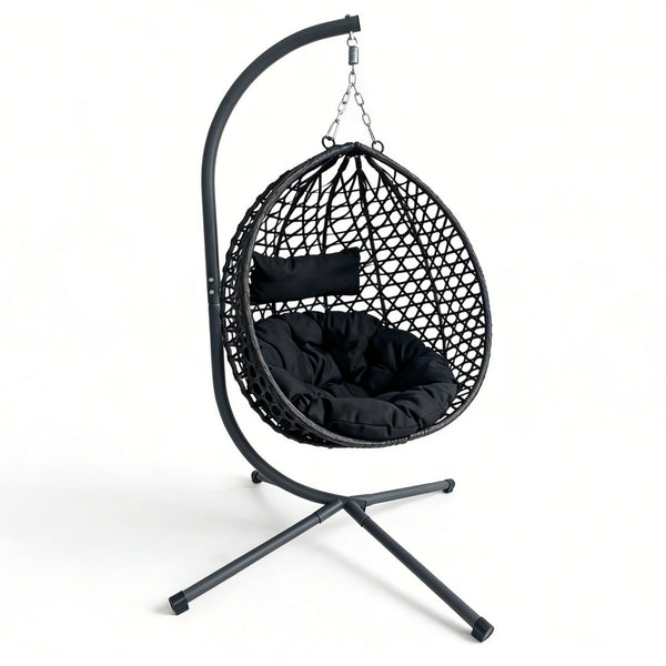 English Elm Folding Hdpe Rattan Egg Chair with Steel Stand Patio Backyard Balcony Lounge Seat Black W2500P479532