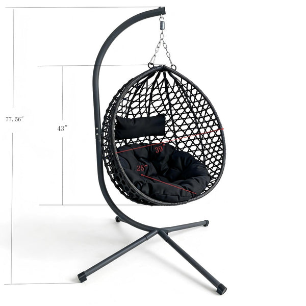English Elm Folding Hdpe Rattan Egg Chair with Steel Stand Patio Backyard Balcony Lounge Seat Black W2500P479532