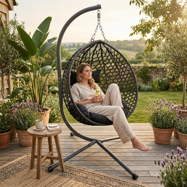 English Elm Folding Hdpe Rattan Egg Chair with Steel Stand Patio Backyard Balcony Lounge Seat Black W2500P479532