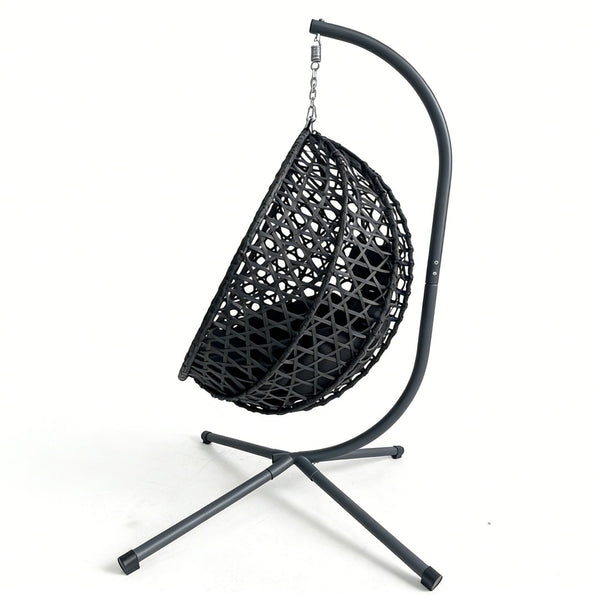 English Elm Folding Hdpe Rattan Egg Chair with Steel Stand Patio Backyard Balcony Lounge Seat Black W2500P479532