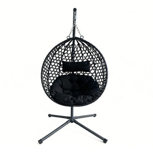 English Elm Folding Hdpe Rattan Egg Chair with Steel Stand Patio Backyard Balcony Lounge Seat Black W2500P479532