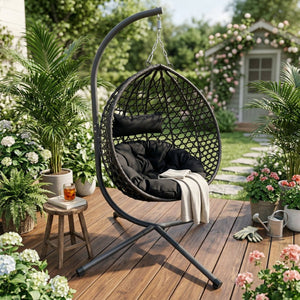 English Elm Folding Hdpe Rattan Egg Chair with Steel Stand Patio Backyard Balcony Lounge Seat Black W2500P479532