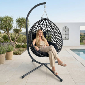English Elm Folding Hdpe Rattan Egg Chair with Steel Stand Patio Backyard Balcony Lounge Seat Black W2500P479532