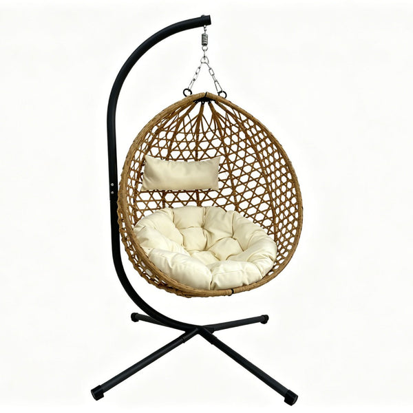 English Elm Folding Hdpe Rattan Egg Chair with Steel Stand Patio Backyard Balcony Lounge Seat Beige+Yellow W2500P479538