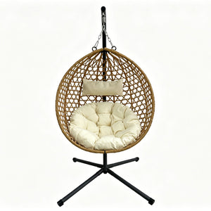 English Elm Folding Hdpe Rattan Egg Chair with Steel Stand Patio Backyard Balcony Lounge Seat Beige+Yellow W2500P479538