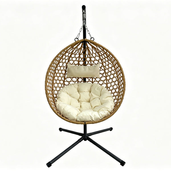 English Elm Folding Hdpe Rattan Egg Chair with Steel Stand Patio Backyard Balcony Lounge Seat Beige+Yellow W2500P479538