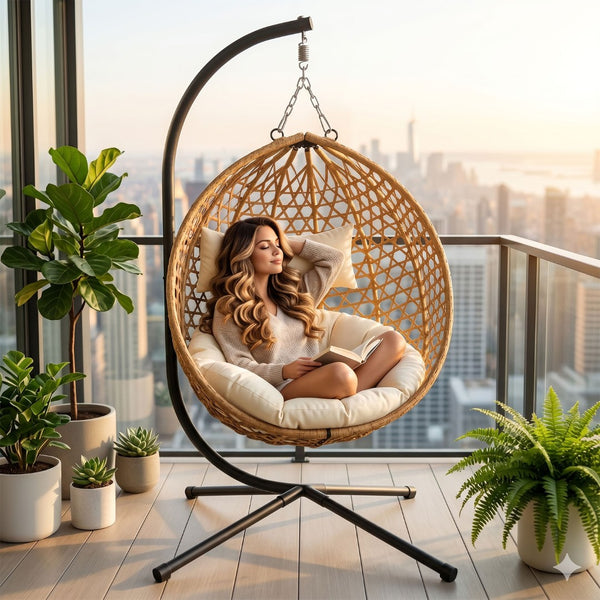 English Elm Folding Hdpe Rattan Egg Chair with Steel Stand Patio Backyard Balcony Lounge Seat Beige+Yellow W2500P479538