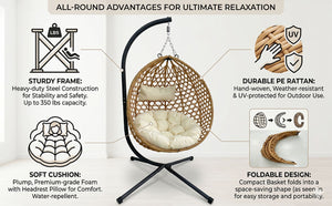 English Elm Folding Hdpe Rattan Egg Chair with Steel Stand Patio Backyard Balcony Lounge Seat Beige+Yellow W2500P479538