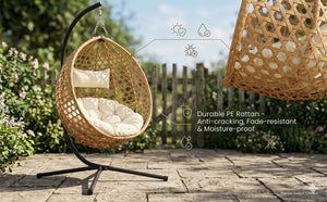 English Elm Folding Hdpe Rattan Egg Chair with Steel Stand Patio Backyard Balcony Lounge Seat Beige+Yellow W2500P479538