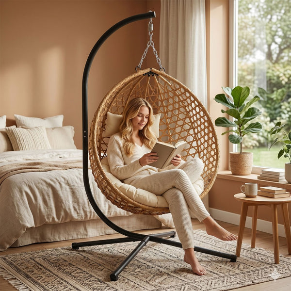 English Elm Folding Hdpe Rattan Egg Chair with Steel Stand Patio Backyard Balcony Lounge Seat Beige+Yellow W2500P479538
