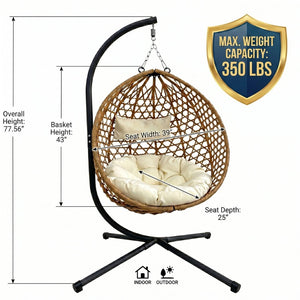 English Elm Folding Hdpe Rattan Egg Chair with Steel Stand Patio Backyard Balcony Lounge Seat Beige+Yellow W2500P479538