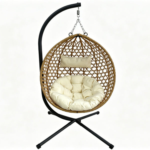 English Elm Folding Hdpe Rattan Egg Chair with Steel Stand Patio Backyard Balcony Lounge Seat Beige+Yellow W2500P479538