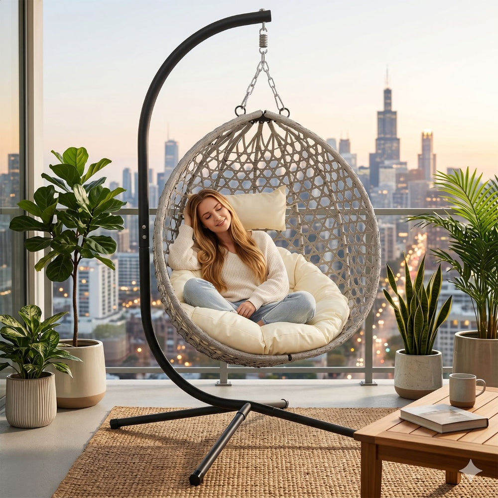 English Elm Folding Hdpe Rattan Egg Chair with Steel Stand Patio Backyard Balcony Lounge Seat Beige+Grey W2500P479541
