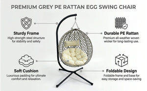English Elm Folding Hdpe Rattan Egg Chair with Steel Stand Patio Backyard Balcony Lounge Seat Beige+Grey W2500P479541