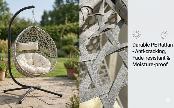 English Elm Folding Hdpe Rattan Egg Chair with Steel Stand Patio Backyard Balcony Lounge Seat Beige+Grey W2500P479541