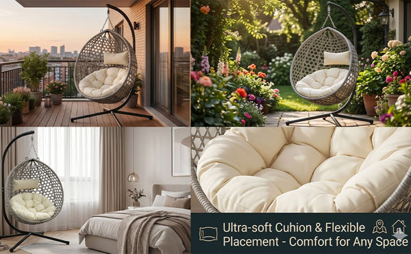 English Elm Folding Hdpe Rattan Egg Chair with Steel Stand Patio Backyard Balcony Lounge Seat Beige+Grey W2500P479541
