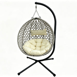 English Elm Folding Hdpe Rattan Egg Chair with Steel Stand Patio Backyard Balcony Lounge Seat Beige+Grey W2500P479541